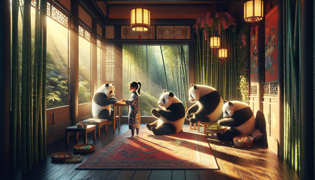 Goldy Luck and the panda family working together in a cozy, sunlit room.