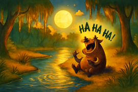 Figura misteriosa del Boo Hog riendo cerca de un pantano iluminado por la luna