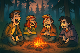 Amigos reunidos alrededor de una fogata compartiendo historias del Boo Hog.