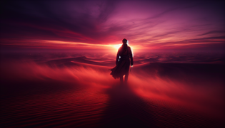 Vast desert under twilight with a solitary figure walking towards the horizon.