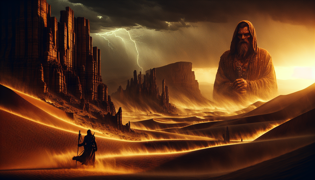A fierce desert storm with the Borgo Sandman emerging as a guardian against swirling sands.