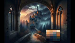 Castillo de Bran iluminado por el atardecer, con un telón de fondo de bosque oscuro y montañas brumosas.