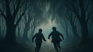 Una pálida luz del amanecer revela un enredo de sauces mientras los hombres huyen hacia un río serpenteante.