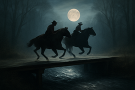 Un hombre aterrorizado a caballo cruzando a toda prisa un estrecho puente bajo la luz de la luna.