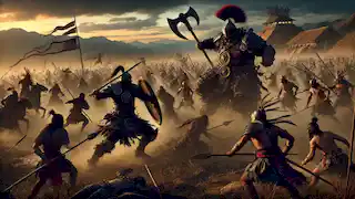 Kanu se enfrenta a Itzamná, el imponente señor de la guerra, en medio del caos del campo de batalla a las afueras de la capital mochica.