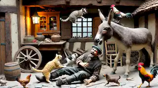 Dentro de una casa rústica, un ladrón es atacado por un gato que le rasguña la cara, un perro que le muerde la pierna y un burro que está a punto de patearlo.