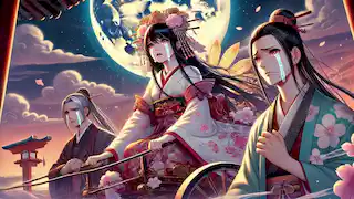 Kaguya-hime se despide con lágrimas en los ojos de sus padres adoptivos antes de ascender hacia la Luna.