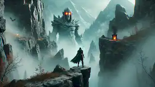 Elara se encuentra en un saliente de la montaña, mirando a un imponente Guardián con piel de piedra que emerge de la niebla en las Montañas del Luto.