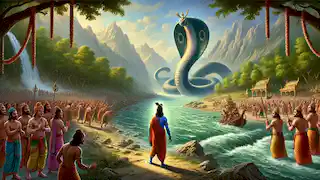 La serpiente Kaliya se inclina en señal de sumisión, abandonando el río Yamuna, mientras Krishna se erige victorioso en la orilla.