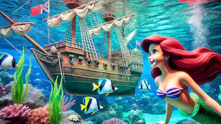 Ariel, la princesa sirena, nada cerca de la superficie, contemplando un barco adornado con coloridas banderas.