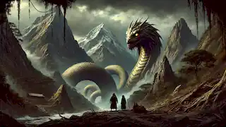 Lituche y Kuyén se enfrentan a la gigantesca serpiente de tierra, Tren Tren, que está enrollada en un oscuro y tormentoso paisaje montañoso.