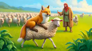 Un renard portant une peau de mouton pour se fondre parmi le troupeau.