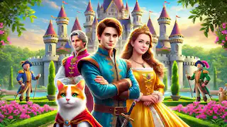 El joven noble y la princesa se encuentran orgullosamente frente al gran castillo junto a Gato con Botas.