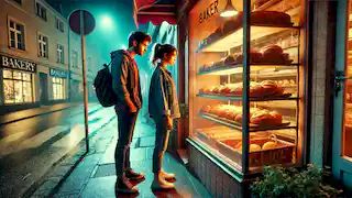 Una pareja está de pie frente a una panadería, mirando a través de la ventana los panes recién horneados.