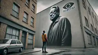 Winston mirando hacia arriba, con una expresión de derrota, ante un enorme cartel del Gran Hermano, mientras se encuentra solo en una calle desolada.
