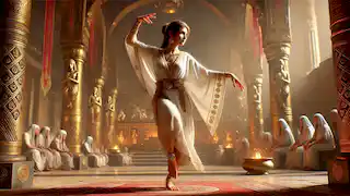Elara realizando la danza coribántica en un bosque sagrado, adornado con estatuas y ofrendas.