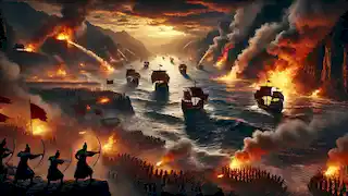 La flota de Cao Cao se encuentra envuelta en llamas en el río Yangtsé durante la Batalla de los Acantilados Rojos.