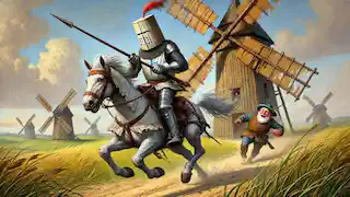 El caballero arremetiendo contra un molino de viento con su lanza, mientras el escudero observa con horror.
