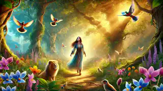 Elara walks through the vibrant forest, surrounded by blooming flowers and curious animals after accepting her role as protector.