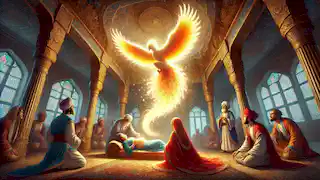 El Simurgh desciende para ayudar a Rudabeh, llenando el palacio persa de luz mientras Zal observa.