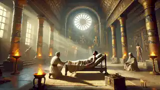Kanu yace herido en el templo del sol, recibiendo un mensaje de los dioses mientras los sacerdotes y ancianos velan por él.