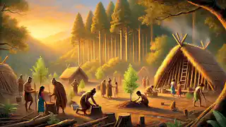 Los aldeanos reconstruyen sus chozas y plantan árboles en armonía con la naturaleza, bajo la cálida luz del sol, restaurando el equilibrio tras el ataque del Moa.