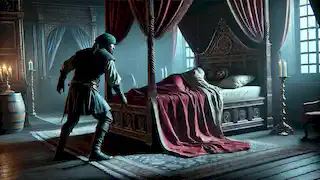 Halvor tira con cuidado de la sábana que cubre al Rey dormido en el tenue cuarto real.