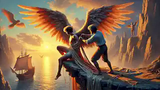 Dédalo le coloca alas hechas de plumas y cera al ansioso Ícaro, que se encuentra de pie en el borde del acantilado al amanecer.