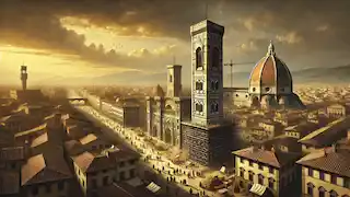 A Torre do Sino de Giotto se aproxima da conclusão enquanto Florença se recupera da Peste Negra sob a luz dourada e quente do sol.