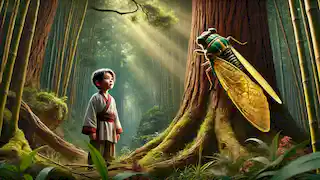 Ming se encuentra frente a un antiguo pino en un bosque de bambú, descubriendo la cigarra dorada que brilla en su tronco.