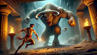 Theseus kämpft gegen den Minotaurus im Herzen des Labyrinths, umgeben von schwach beleuchteten Steinmauern.