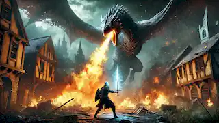 Eadric levanta la espada resplandeciente contra el enorme wyvern mientras el fuego envuelve la aldea en ruinas que los rodea.