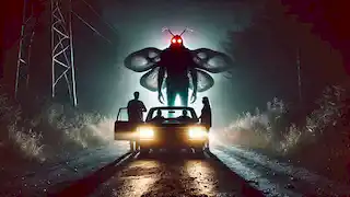 Une voiture roule sur les routes sombres de la région TNT tandis que le Mothman se tient dans les phares, les yeux rougeoyants.