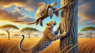 Un pájaro lleva a la tortuga a la cima de un alto árbol, mientras que el leopardo lucha por escalar.