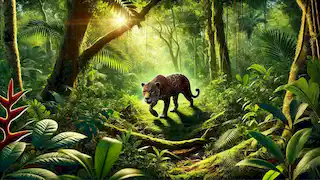 Un jaguar acechando silenciosamente a su presa en la densa selva amazónica.