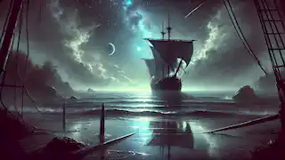 Callistos contempla bajo un cielo estrellado en la cubierta de su barco, escuchando el susurro de la Sirena Silenciosa.