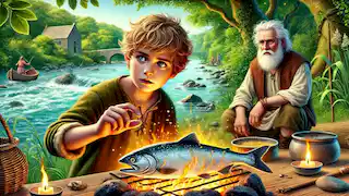 El joven Fionn mac Cumhaill cocina un salmón sobre un fuego junto al río Boyne, y accidentalmente adquiere su sabiduría.