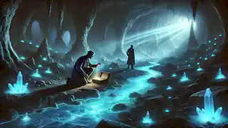 Un río subterráneo de un azul resplandeciente en una amplia cámara con extrañas formaciones rocosas y exploradores cercanos.