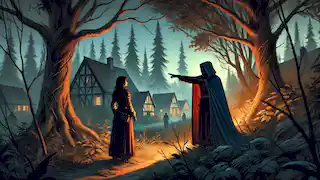Leona se encuentra al borde de un bosque mientras el extraño envuelto en una capa señala hacia el interior del bosque, con el crepúsculo proyectando largas sombras.