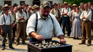 El Sr. Summers revuelve los papeles en la caja de madera negra mientras los aldeanos se agrupan nerviosamente en el fondo.