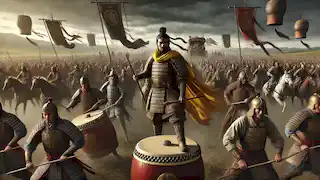 O Imperador Amarelo lidera suas tropas em batalha contra Chiyou nas planícies de Zhuolu.