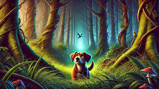 Max parece confundido y asustado mientras se encuentra perdido en un denso bosque, con un ave volando hacia las copas de los árboles.