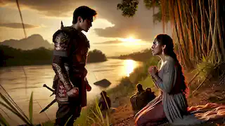Khun Phaen se enfrenta a Nang Wanthong a la orilla de un río, lleno de desamor tras enterarse de su matrimonio con Khun Chang.