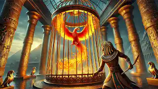 El Fénix atrapado en una gran jaula de bronce, mientras el faraón Ankhaten se acerca a él con un daga de oro.