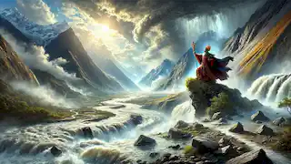 Viracocha se encuentra en una montaña, invocando un diluvio a través de los valles brumosos de los Andes.