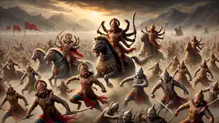 Les armées de Mahishasura s'affrontent avec des forces divines sur un champ de bataille chaotique, tandis que Durga se dresse au loin sur son lion.
