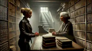 Holly conversa con la propietaria de la librería, Evelyn Hargrave, en una tienda oscura y sombría, rodeada de viejos libros y misterio.
