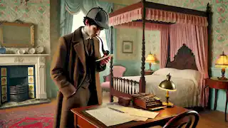 Sherlock Holmes examinando una carta a medio escribir en un escritorio de un dormitorio ordenado y femenino.