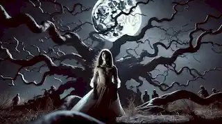 María se encuentra bajo las ramas retorcidas de un árbol Balete, observando con tristeza la luna llena en una atmósfera inquietante.