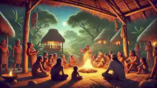 Los aldeanos se reúnen alrededor de una fogata por la noche para escuchar la leyenda de Hun-Hunahpú y Vucub-Hunahpú, los héroes gemelos de Xibalbá.